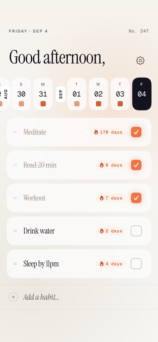 trak home screen showing today's habit list with streaks and completed check marks