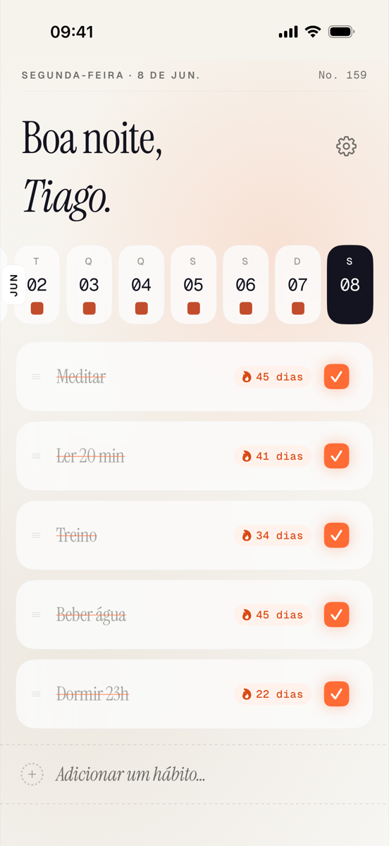 Tela inicial do trak mostrando a lista de hábitos do dia com sequências (streaks) e marcações concluídas